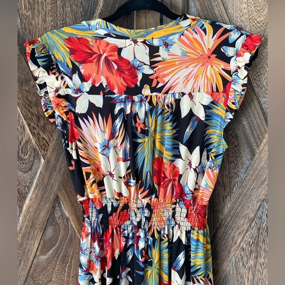 Size Medium Gorgeous Tropical Midi Stretch Waist Floral Black Red Dress - Picture 8 of 9